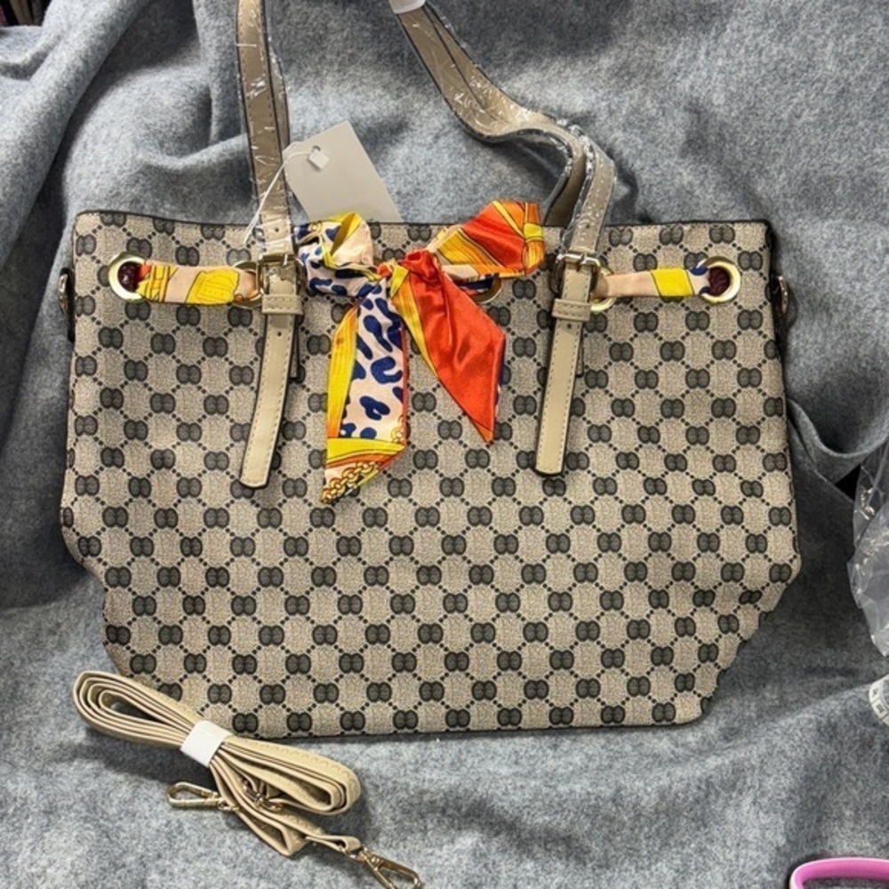 AR New York  Beige and blk  Monogram Tote with Vibrant Scarf purse bag